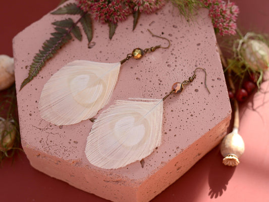 Large Ivory / White Peacock Eye Feather Earrings with Rose Gold Crystal Beads| Bridal Earrings | Boho Bride | Bohemian Bride