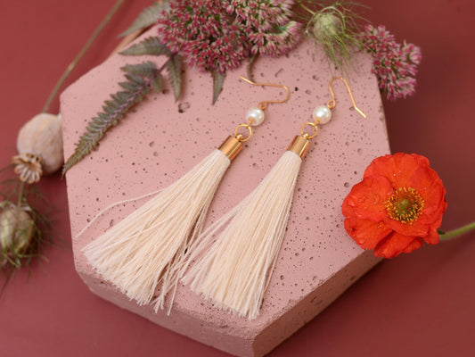 Ivory Feather Tassel Earrings | Festival Earrings | Feather Jewellery | Festival Jewellery | Bohemian | Long Earrings