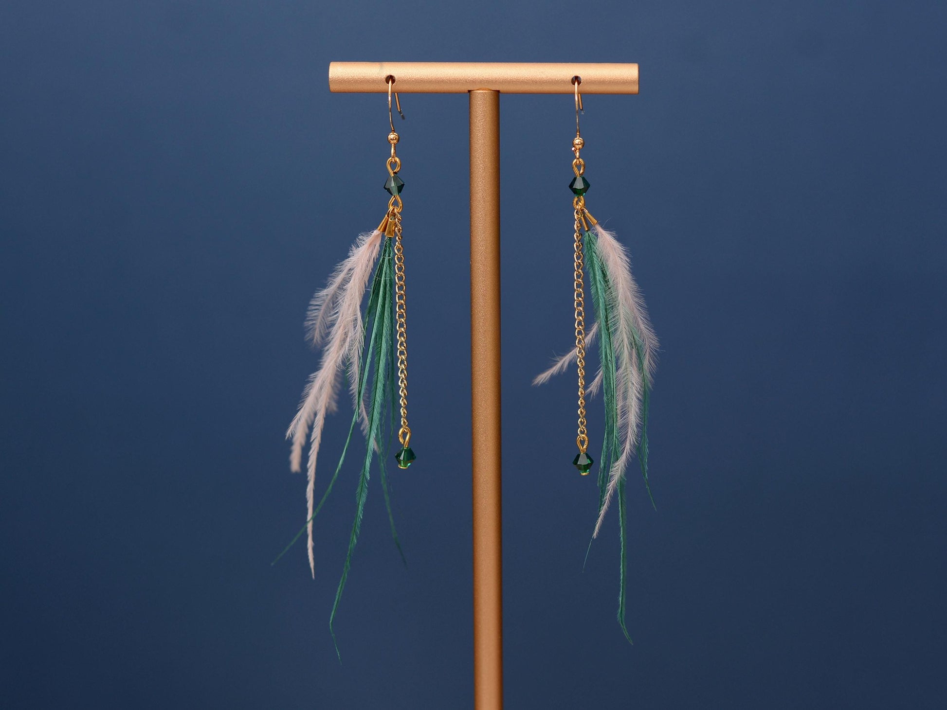 Delicate Emerald Green and Blush Pink Ostrich FeatherTassel Earrings