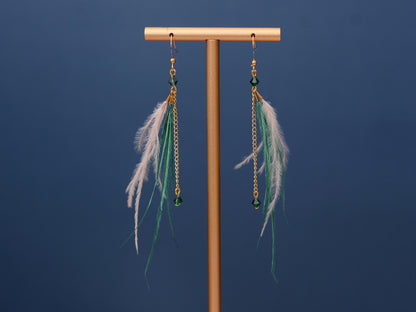 Delicate Emerald Green and Blush Pink Ostrich FeatherTassel Earrings