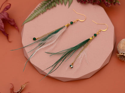 Delicate Emerald Green and Blush Pink Ostrich FeatherTassel Earrings