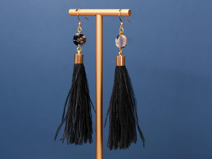 Pluto - Long Black Ostrich Feather Tassel Earrings with Acetate Disc | Festival Earrings | Feather Jewellery
