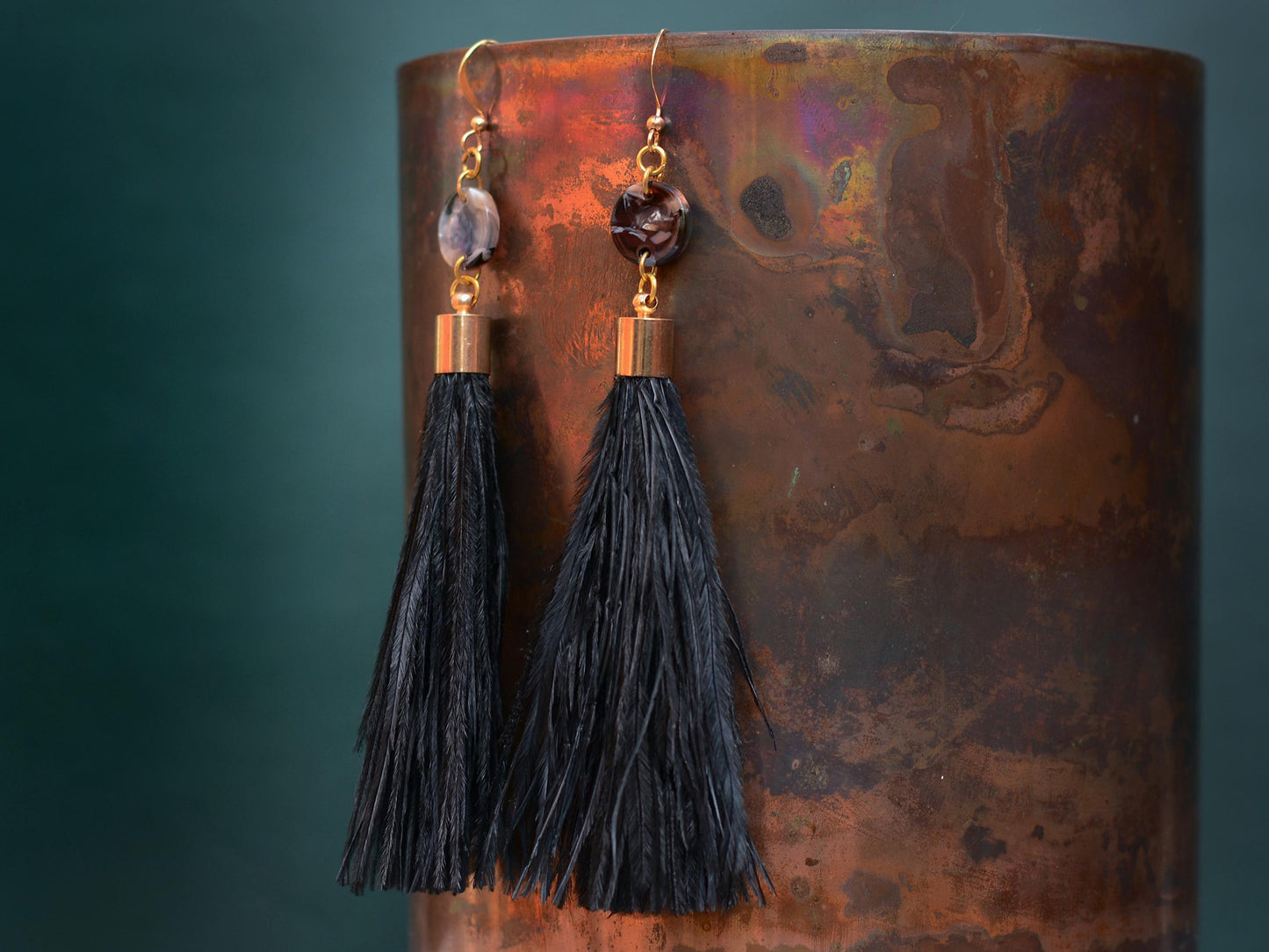 Pluto - Long Black Ostrich Feather Tassel Earrings with Acetate Disc | Festival Earrings | Feather Jewellery