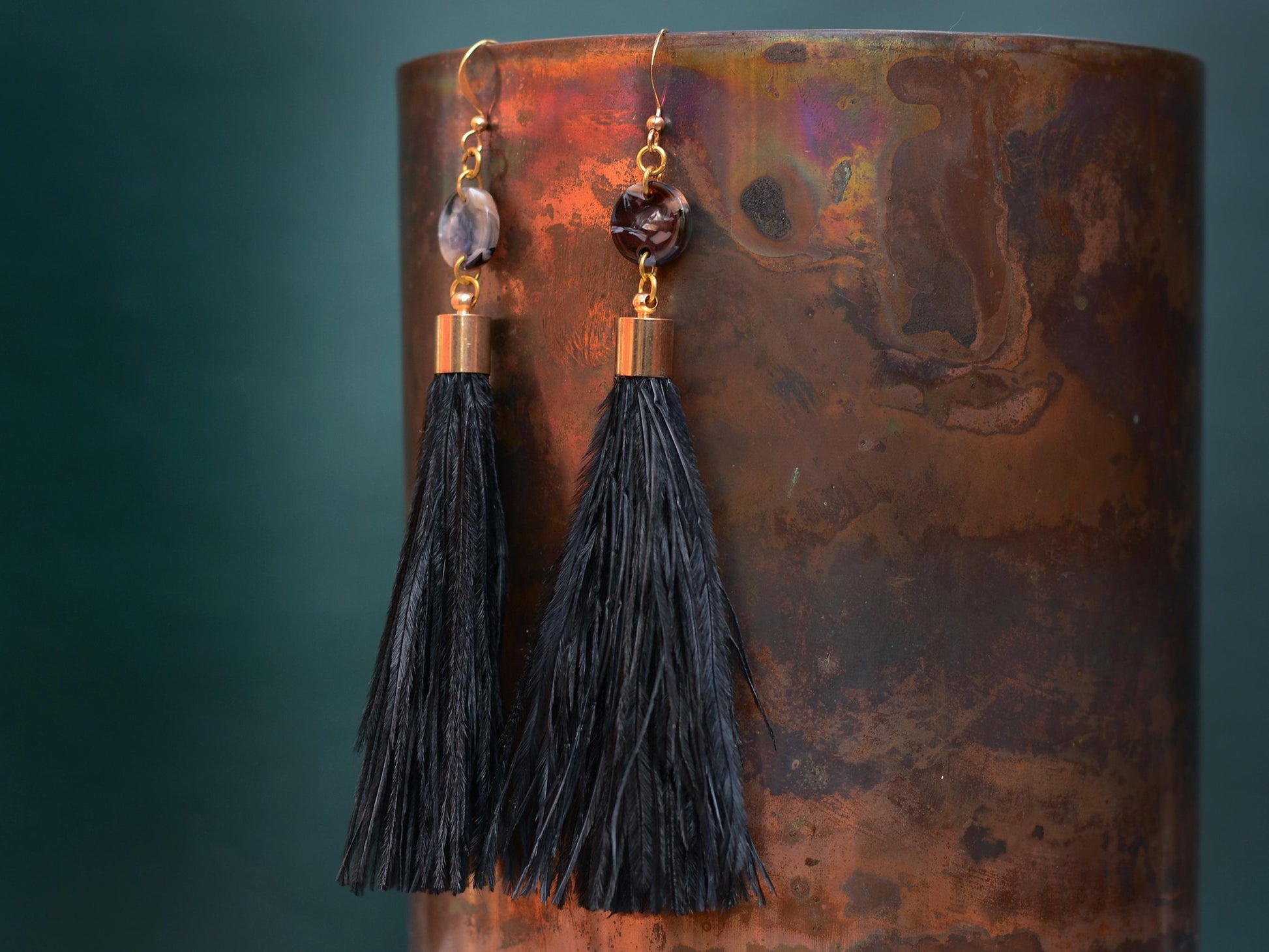 Pluto - Long Black Ostrich Feather Tassel Earrings with Acetate Disc | Festival Earrings | Feather Jewellery