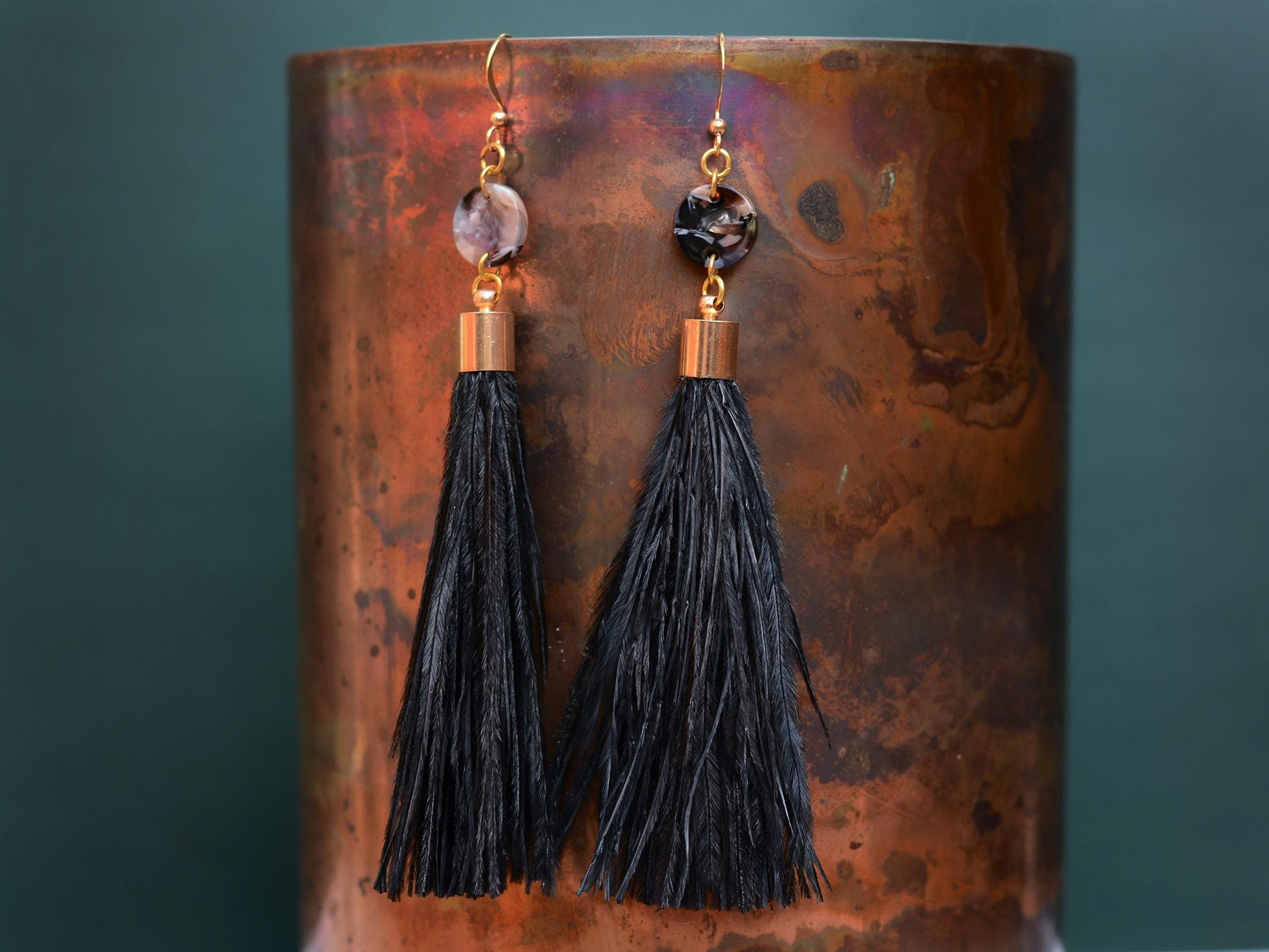 Pluto - Long Black Ostrich Feather Tassel Earrings with Acetate Disc | Festival Earrings | Feather Jewellery