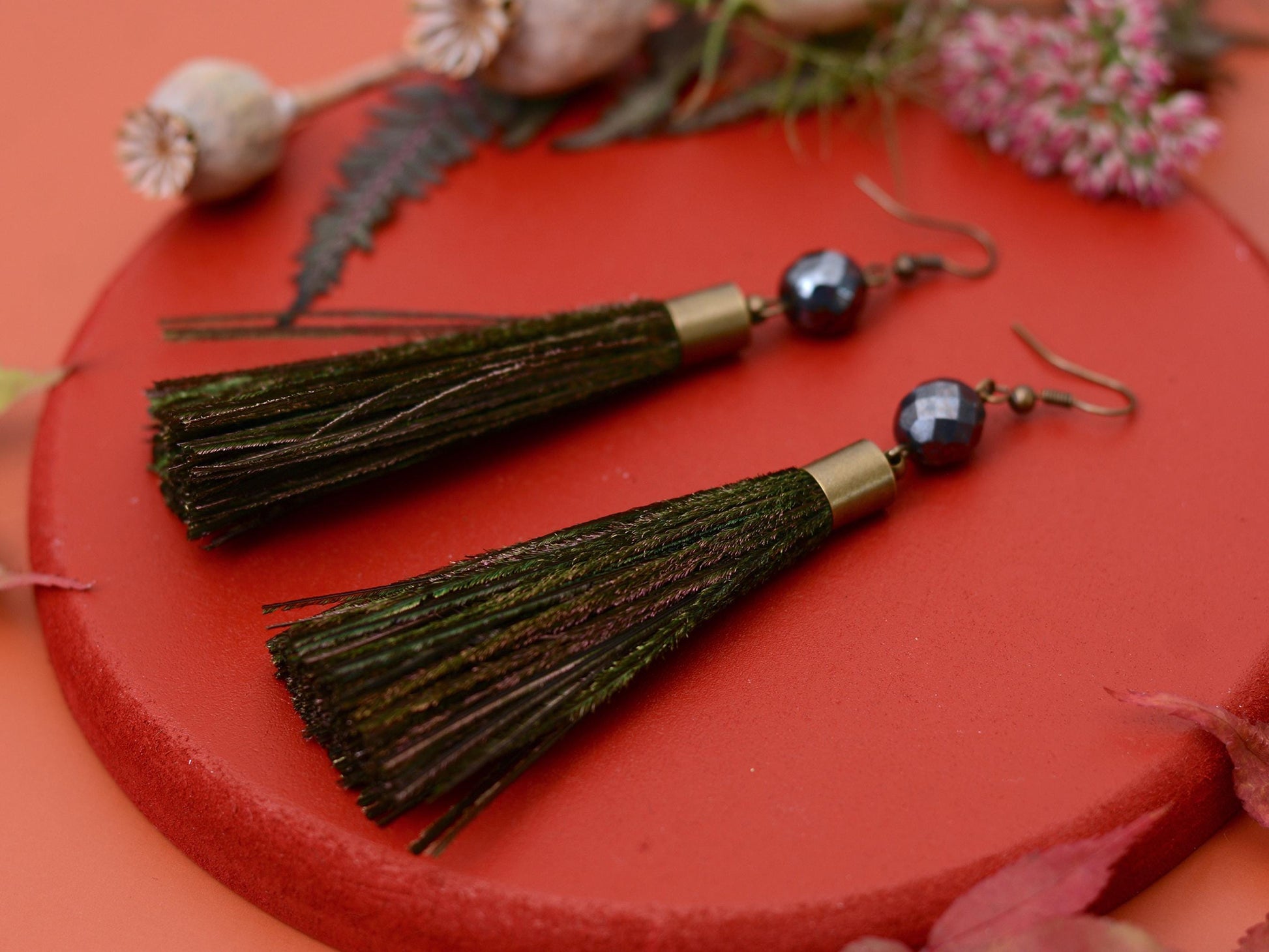 Large Round Peacock Feather Tassel Earrings | Festival Earrings | Feather Jewellery | Long Earrings