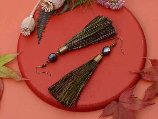Large Round Peacock Feather Tassel Earrings | Festival Earrings | Feather Jewellery | Long Earrings