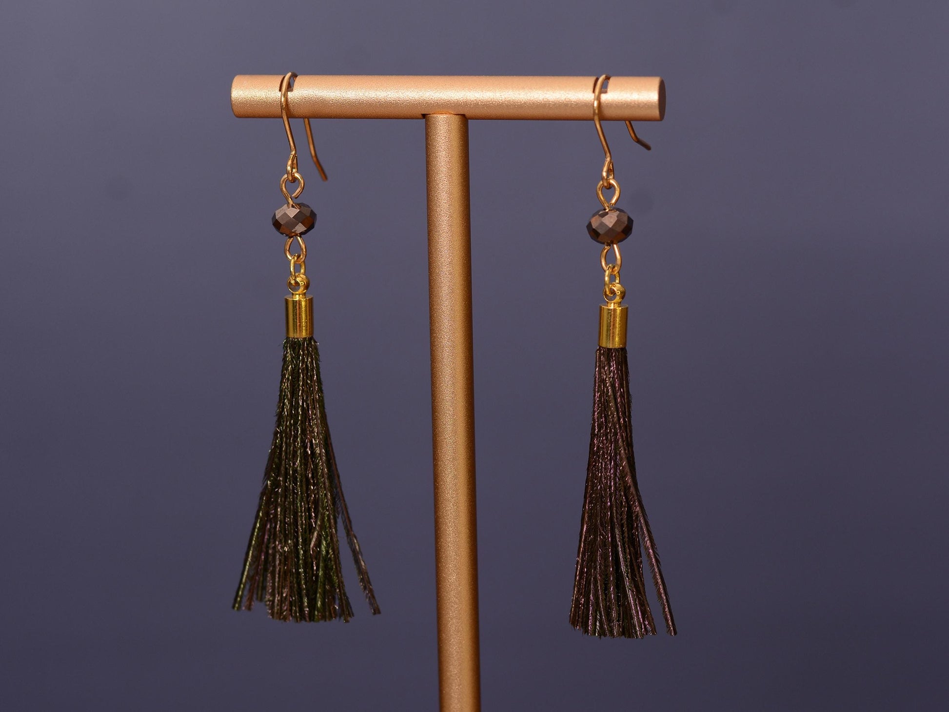 Peacock Small Round Bronze Feather Tassel Earrings | Festival Earrings | Feather Jewellery | Bohemian | Long Earrings