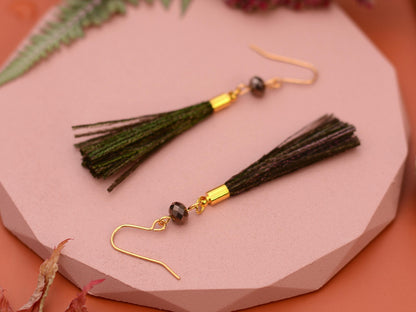 Peacock Small Round Bronze Feather Tassel Earrings | Festival Earrings | Feather Jewellery | Bohemian | Long Earrings