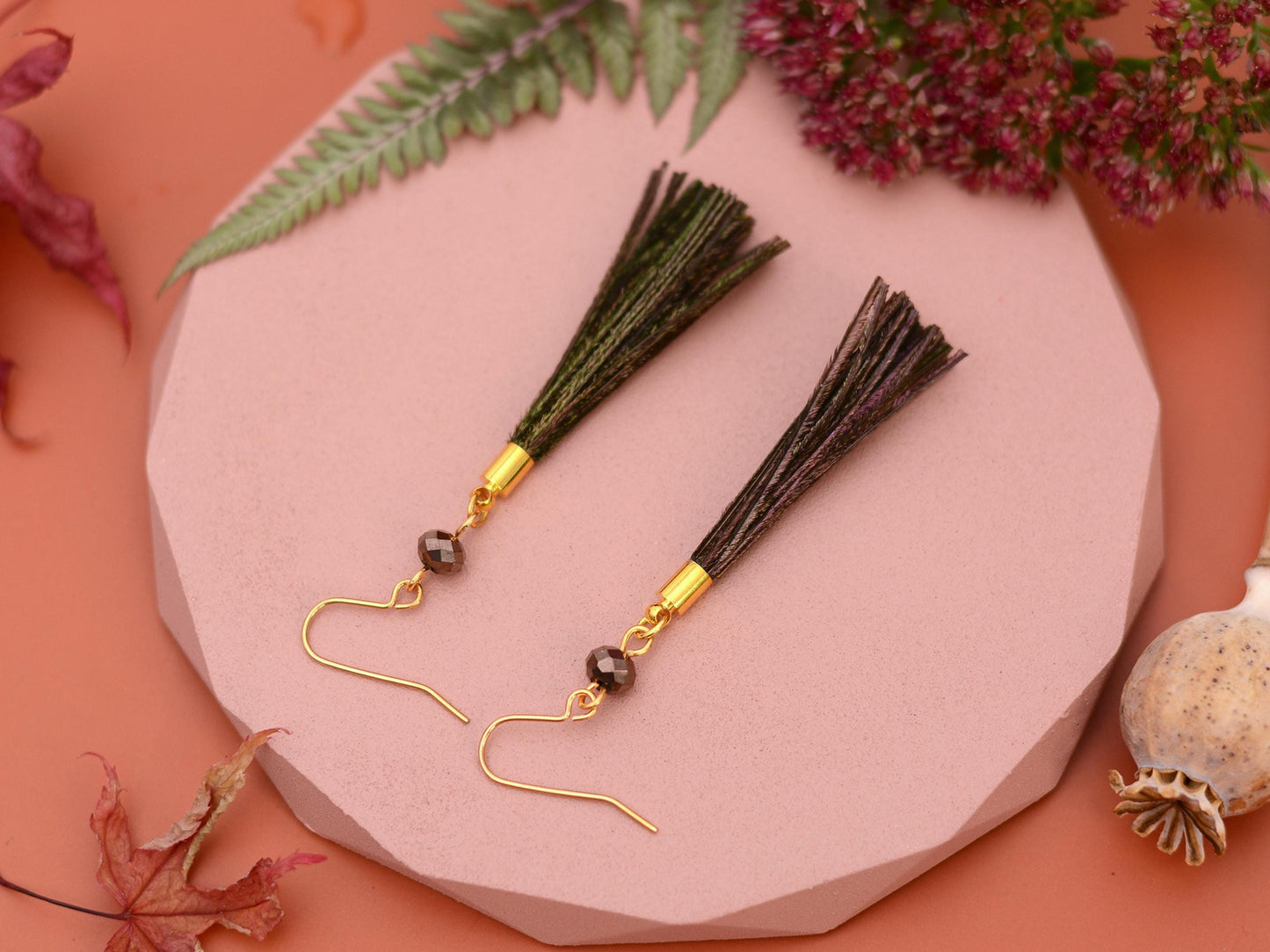 Peacock Small Round Bronze Feather Tassel Earrings | Festival Earrings | Feather Jewellery | Bohemian | Long Earrings