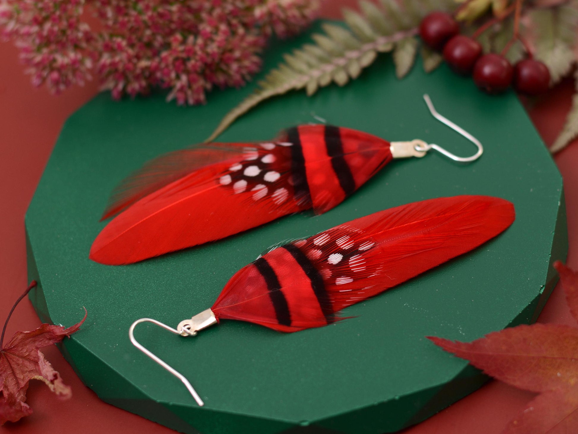 Red Feather Earrings | Festival Earrings | Feather Jewellery | Festival Jewellery | Drop Earrings