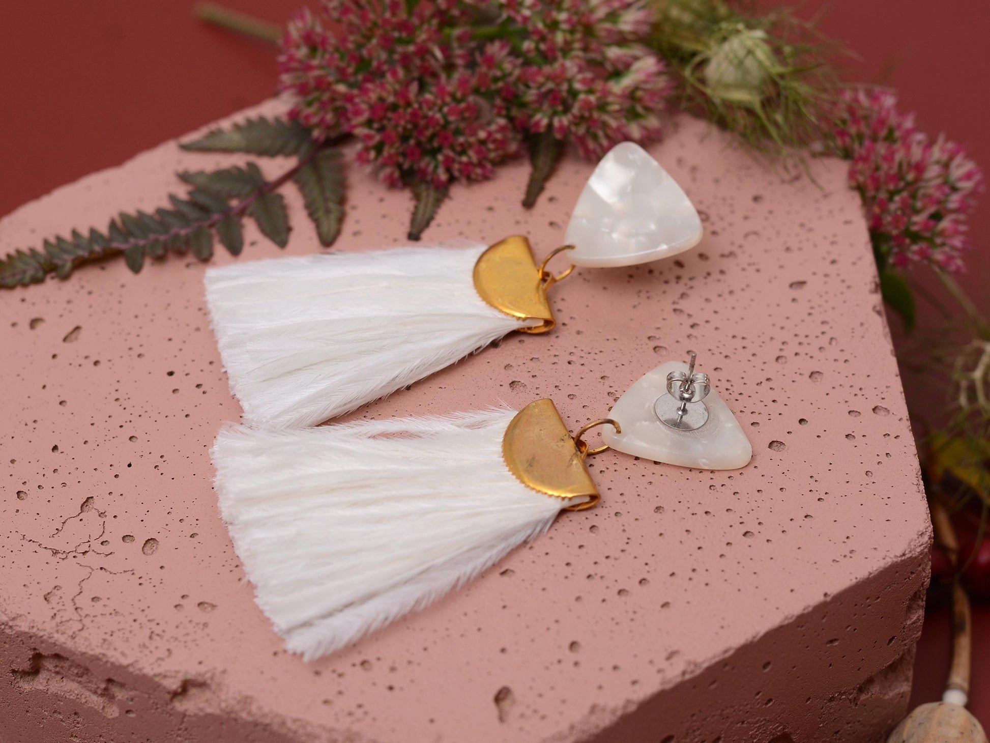 Statement Pearl White Acetate and Ostrich Feather Tassel Earrings