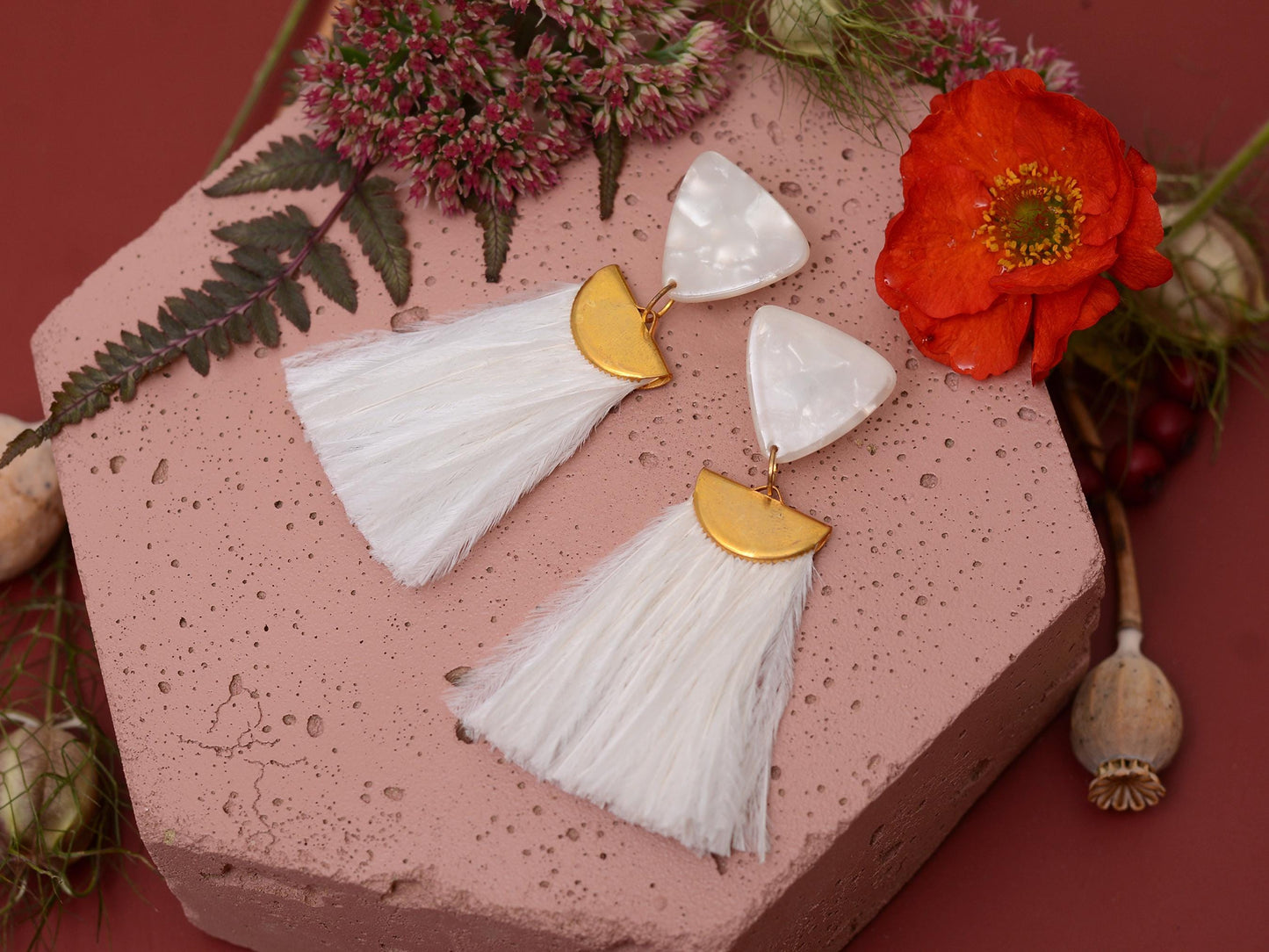 Statement Pearl White Acetate and Ostrich Feather Tassel Earrings