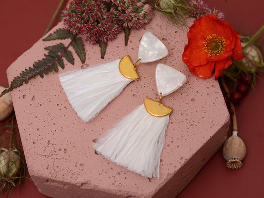 Statement Pearl White Acetate and Ostrich Feather Tassel Earrings