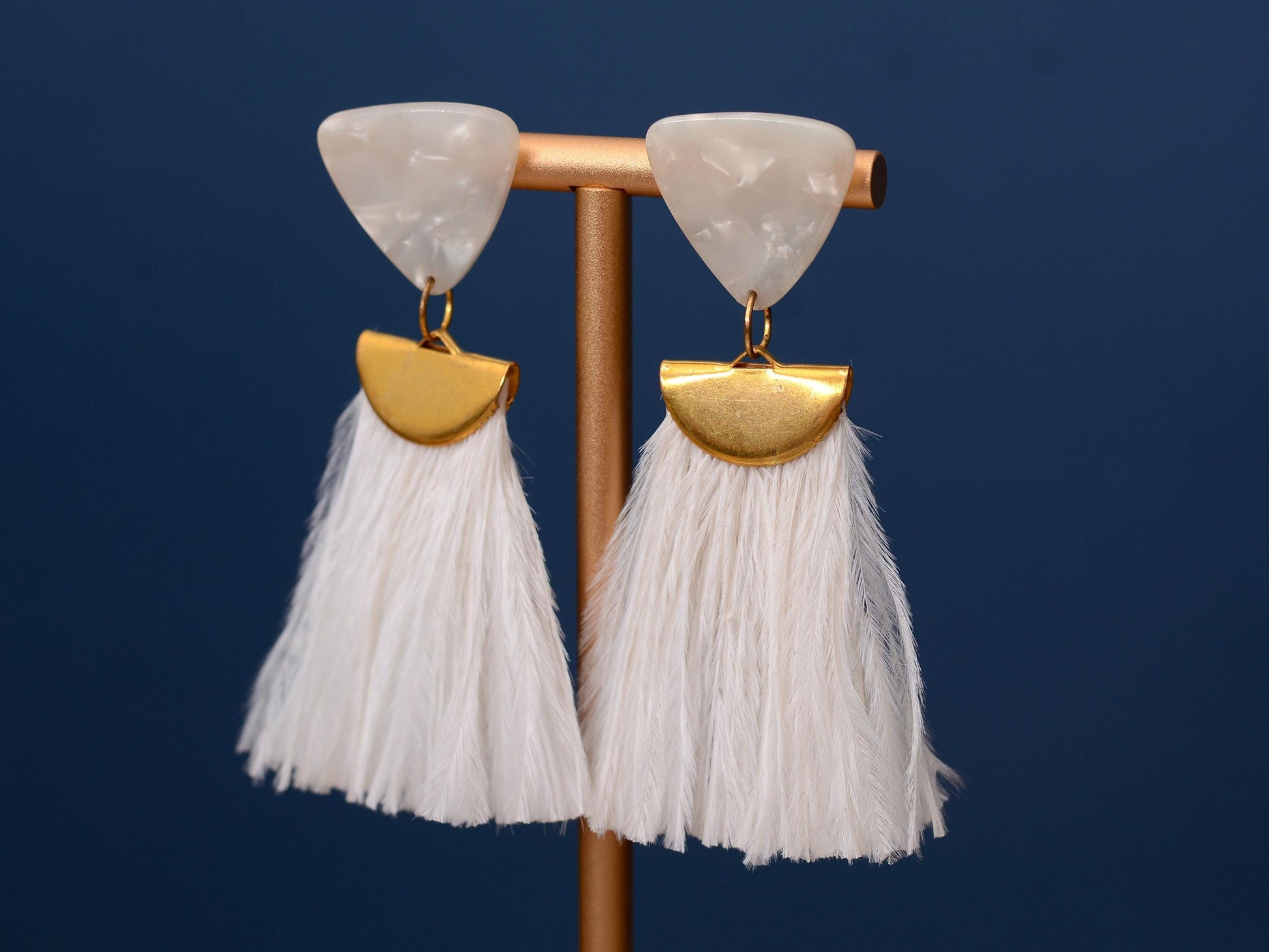 Statement Pearl White Acetate and Ostrich Feather Tassel Earrings