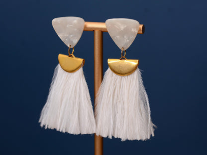 Statement Pearl White Acetate and Ostrich Feather Tassel Earrings