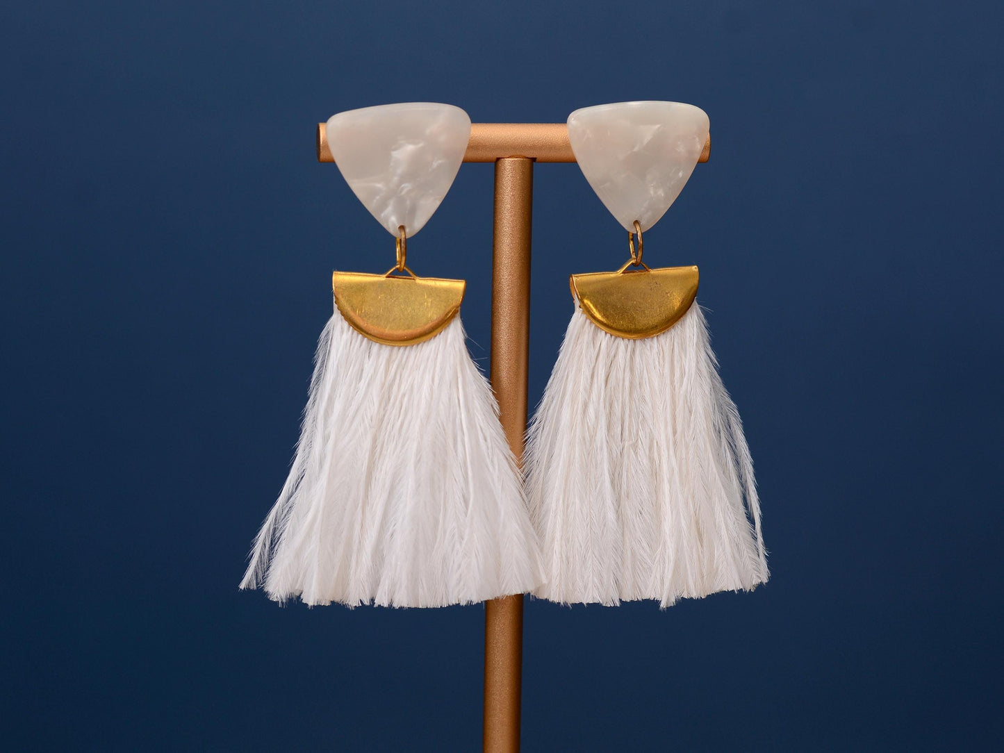 Statement Pearl White Acetate and Ostrich Feather Tassel Earrings