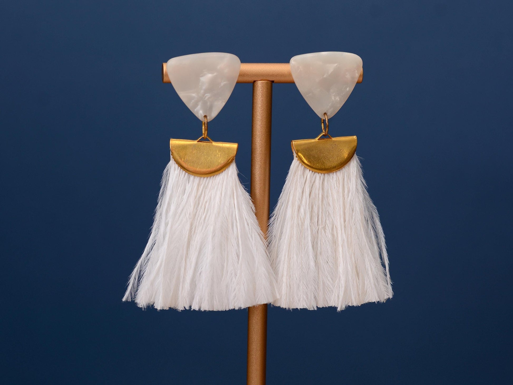 Statement Pearl White Acetate and Ostrich Feather Tassel Earrings
