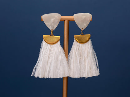 Statement Pearl White Acetate and Ostrich Feather Tassel Earrings