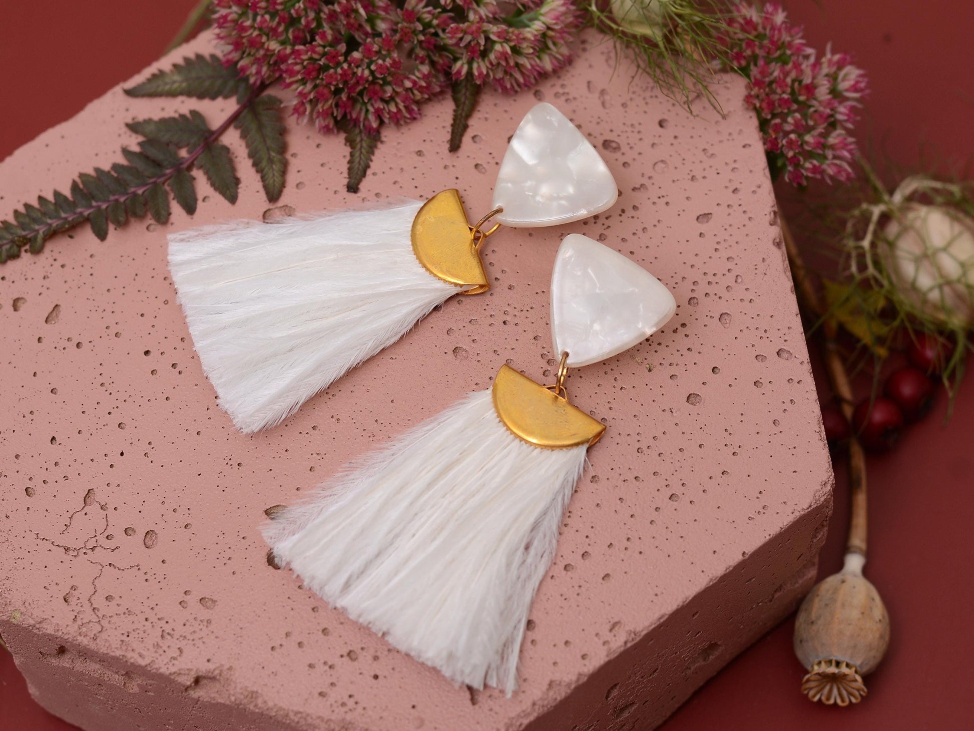 Statement Pearl White Acetate and Ostrich Feather Tassel Earrings