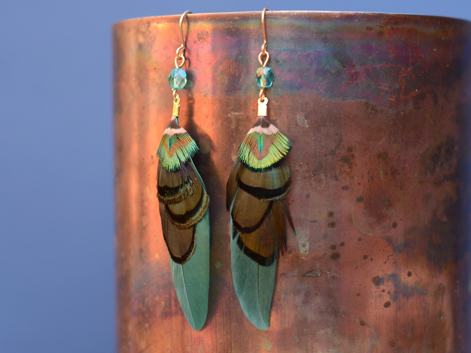 Green and Gold Small Feather Earrings with Emerald Crystal Bead | Festival Earrings | Feather Jewellery | Drop Earrings