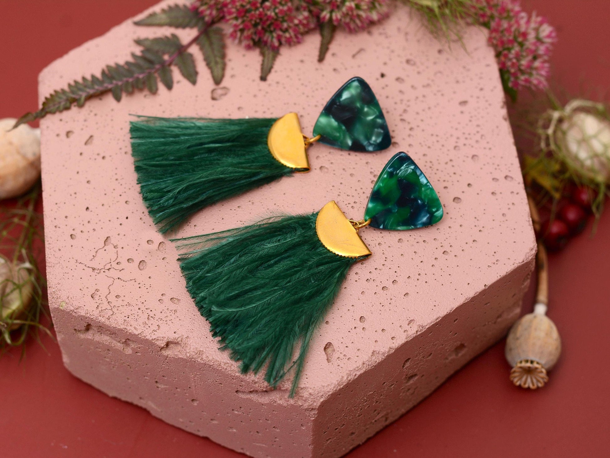 Rich Green Triangle Acetate and Ostrich Feather Tassel Earrings