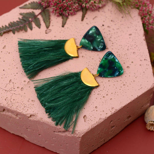 Rich Green Triangle Acetate and Ostrich Feather Tassel Earrings