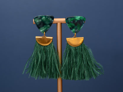 Rich Green Triangle Acetate and Ostrich Feather Tassel Earrings