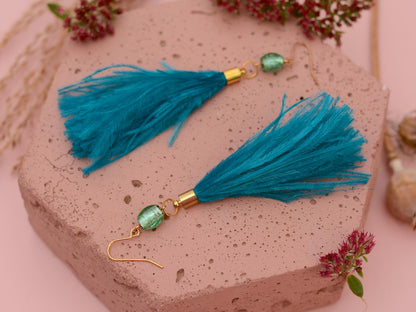 Long Turquoise Ostrich Feather Tassel Earrings | Festival Earrings | Feather Jewellery | Festival Jewellery | Long Earrings