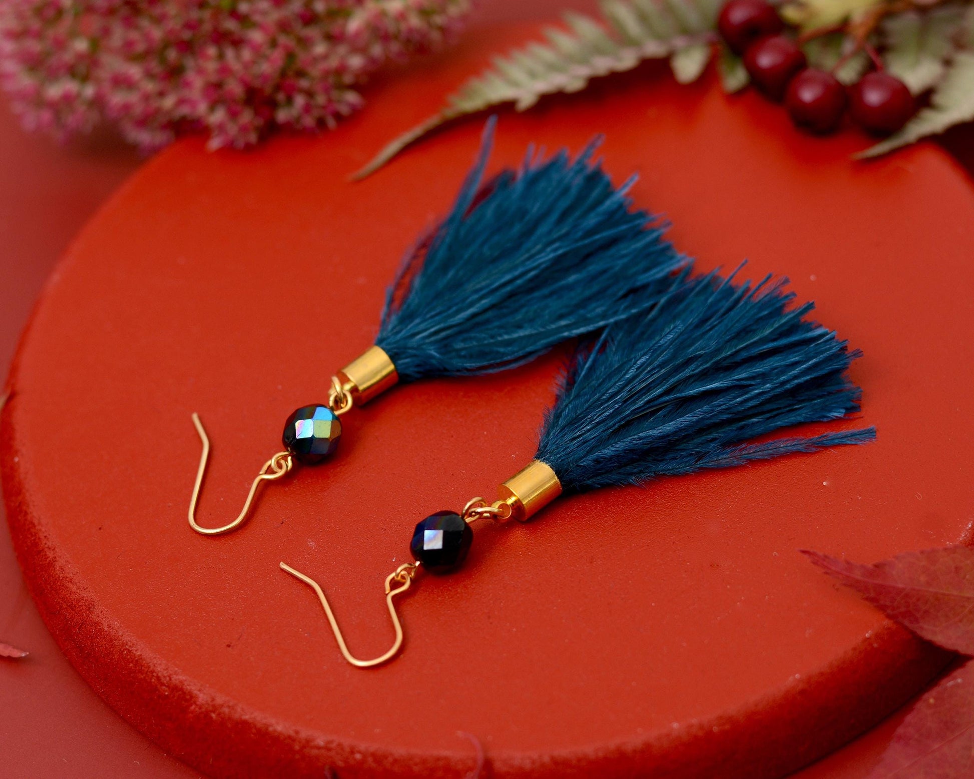 Navy Blue Ostrich Feather Tassel Earrings | Feather Jewellery | Long Earrings