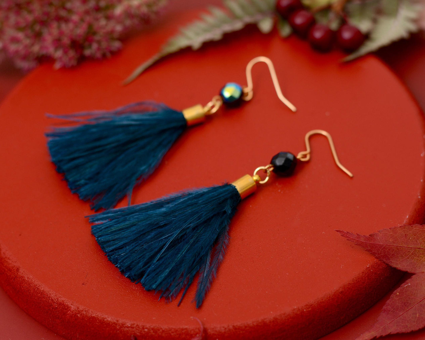 Navy Blue Ostrich Feather Tassel Earrings | Feather Jewellery | Long Earrings