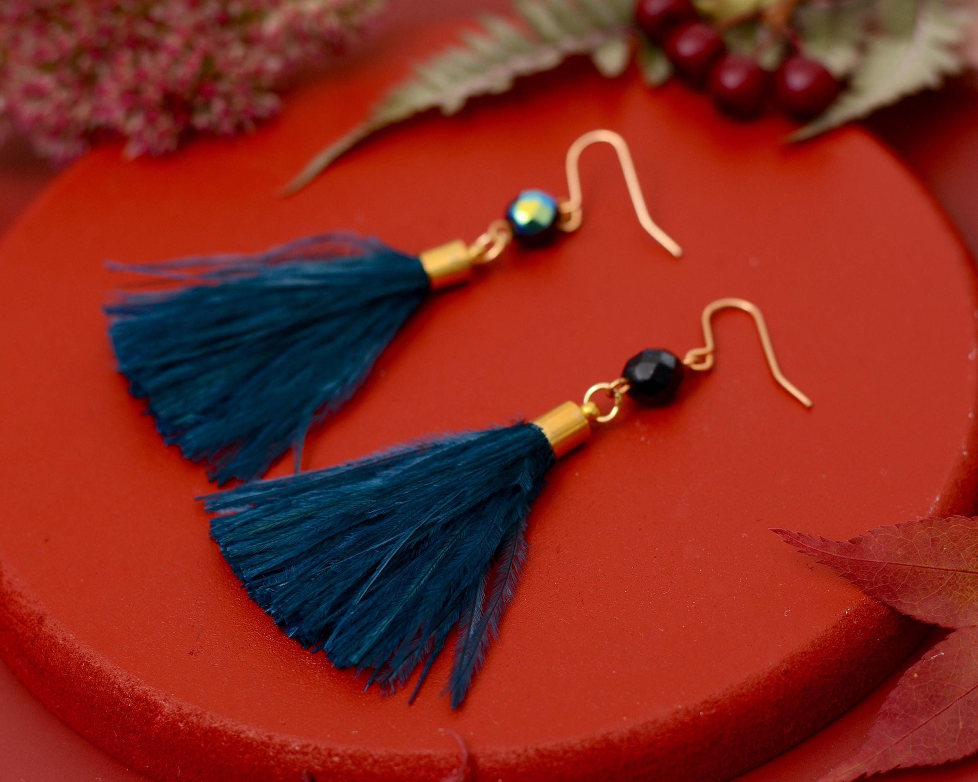 Navy Blue Ostrich Feather Tassel Earrings | Feather Jewellery | Long Earrings
