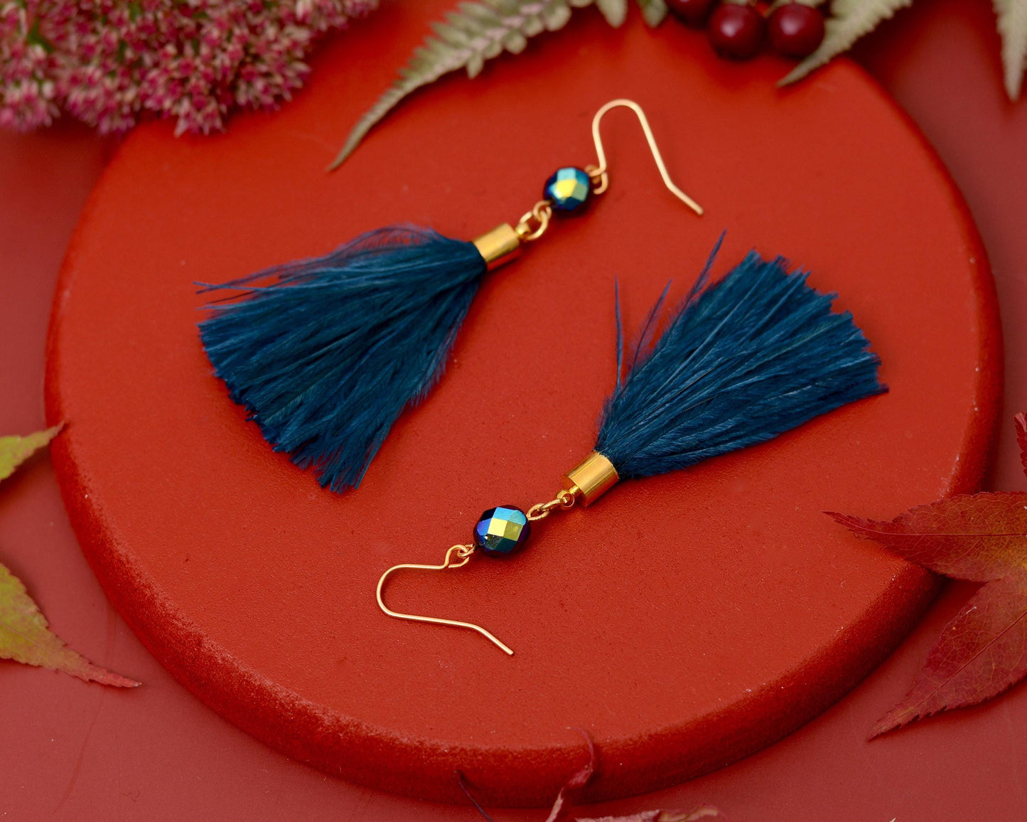 Navy Blue Ostrich Feather Tassel Earrings | Feather Jewellery | Long Earrings