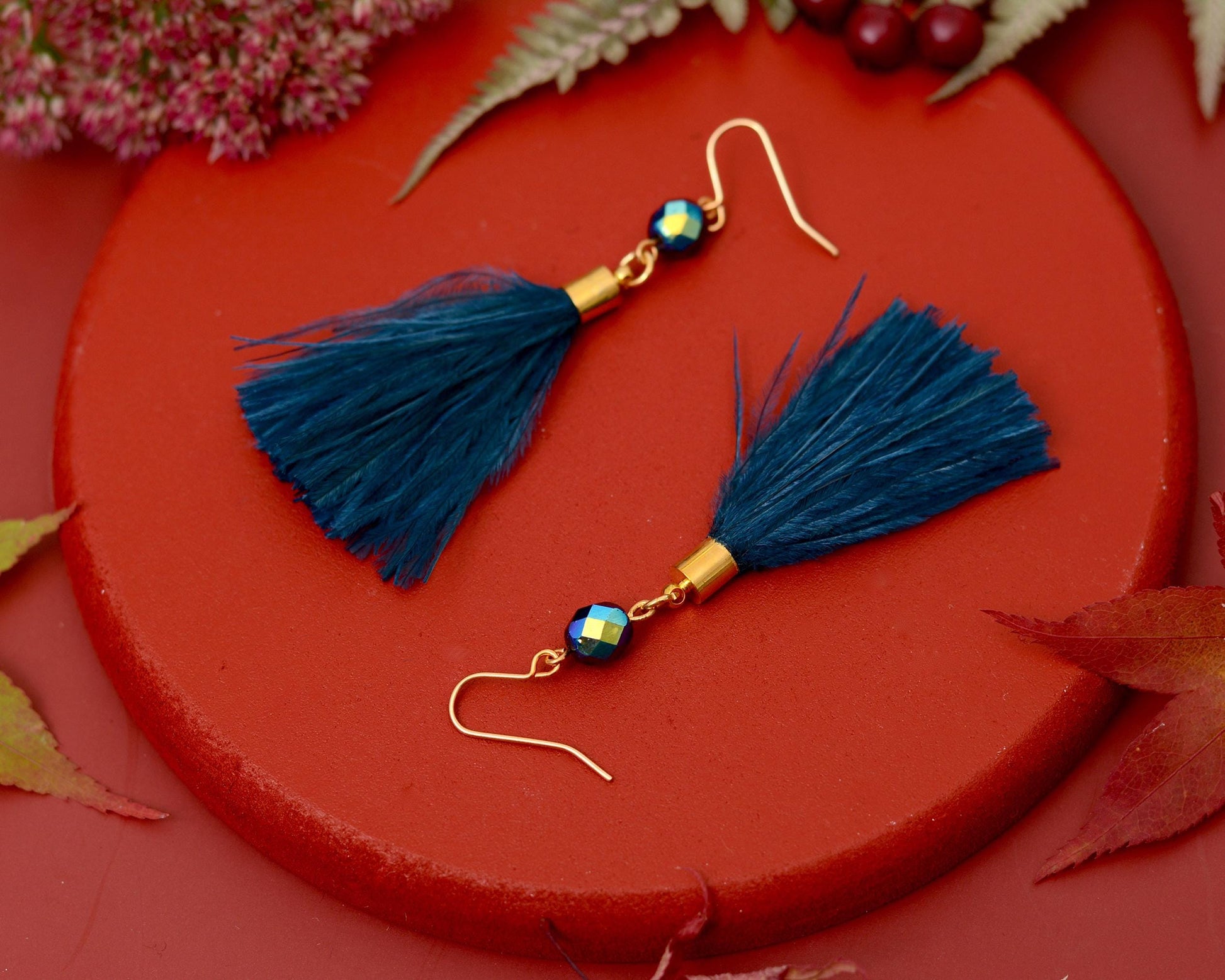 Navy Blue Ostrich Feather Tassel Earrings | Feather Jewellery | Long Earrings