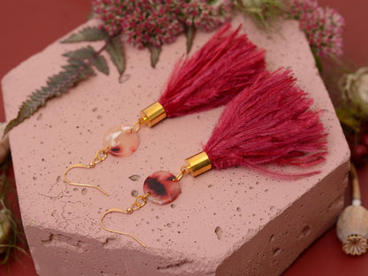 Jupiter - Crimson Red Ostrich Feather Tassel Earrings with Acetate Disc