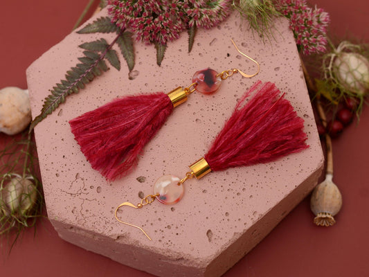 Jupiter - Crimson Red Ostrich Feather Tassel Earrings with Acetate Disc