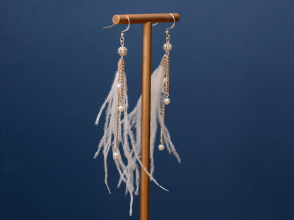 Bridal White Ostrich Feather Tassel Earrings with Pearls and Silver Beads