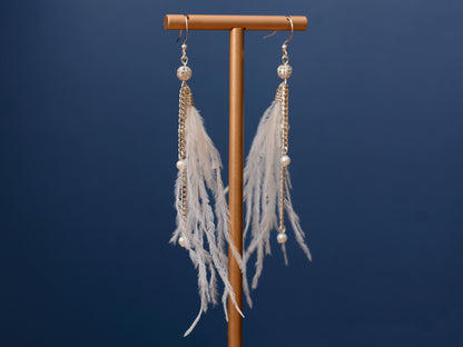 Bridal White Ostrich Feather Tassel Earrings with Pearls and Silver Beads