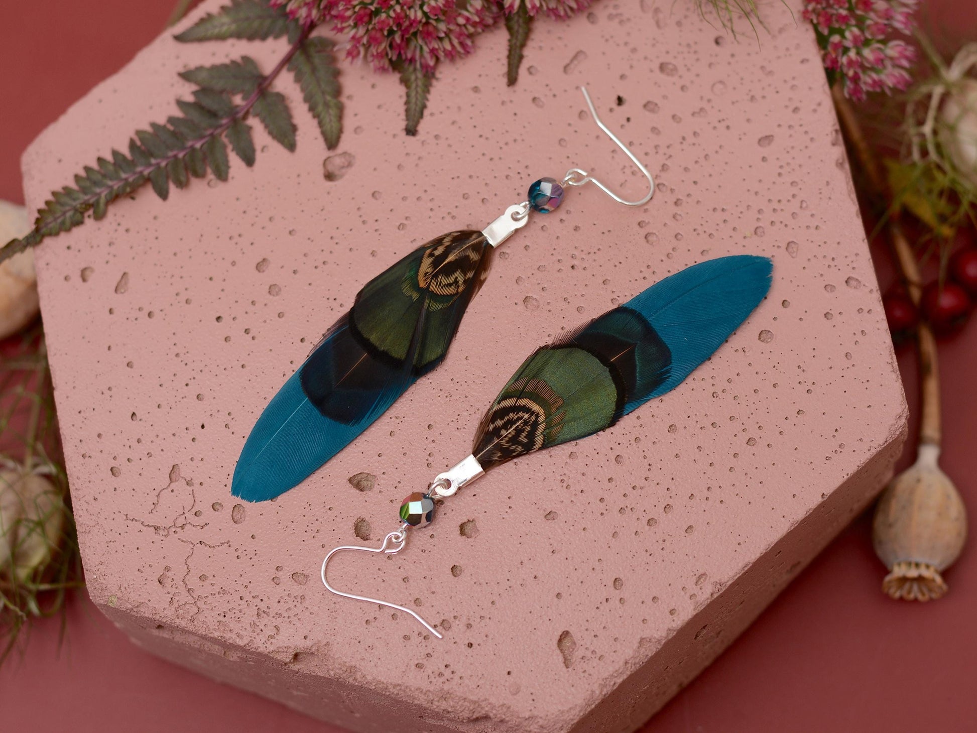 Teal, Blue and Green Pheasant Feather Earrings | Festival Earrings | Feather Jewellery | Festival Jewellery | Drop Earrings