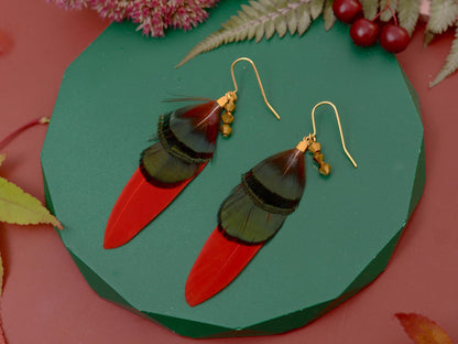 Red, Green and Gold Feather Earrings | Festival Earrings | Feather Jewellery | Festival Jewellery | Drop Earrings