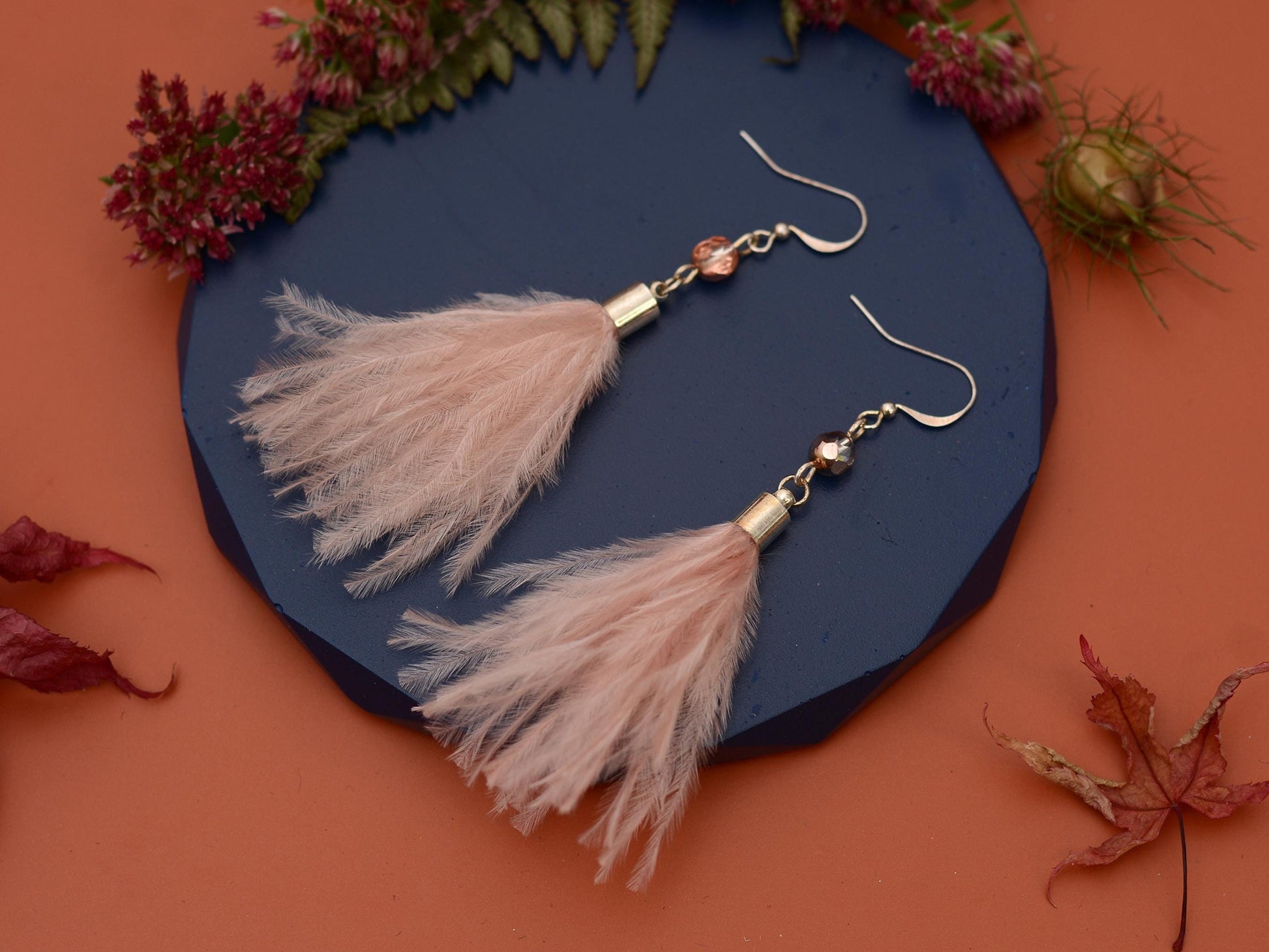 Powder Puff Blush Pink Ostrich FeatherTassel Earrings