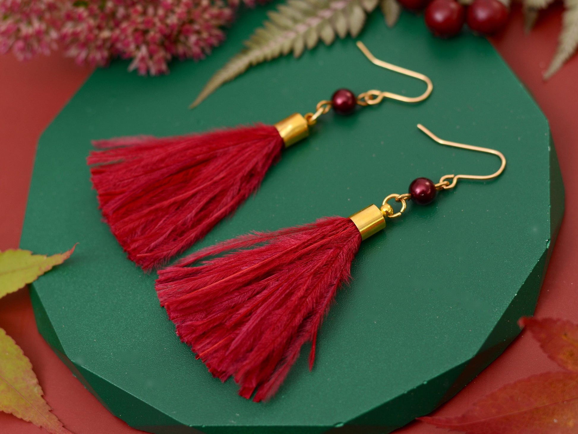 Crimson Red Ostrich Feather Tassel Earrings | Feather Jewellery | Long Earrings