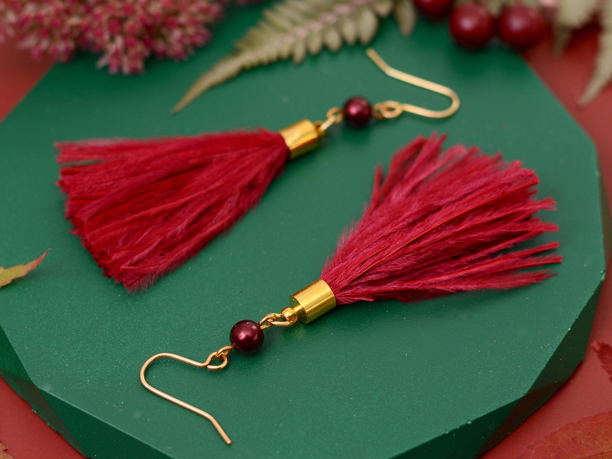 Crimson Red Ostrich Feather Tassel Earrings | Feather Jewellery | Long Earrings