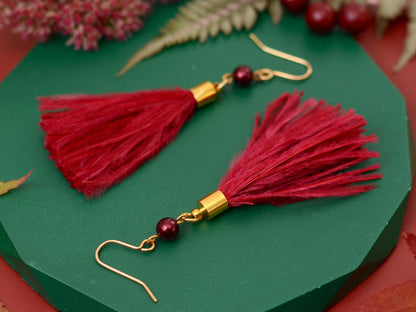Crimson Red Ostrich Feather Tassel Earrings | Feather Jewellery | Long Earrings