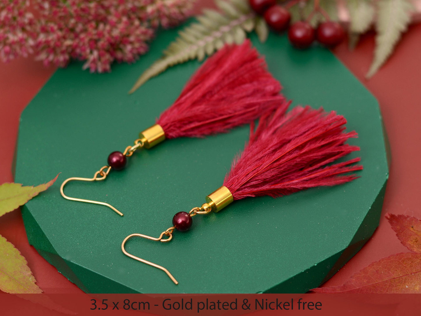 Crimson Red Ostrich Feather Tassel Earrings | Feather Jewellery | Long Earrings