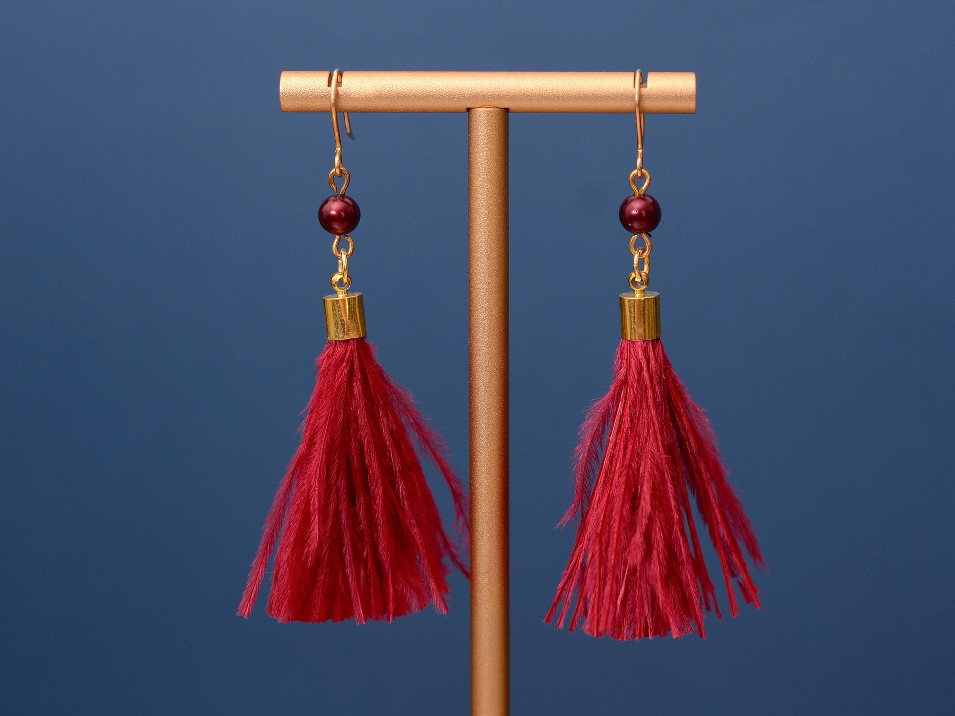 Crimson Red Ostrich Feather Tassel Earrings | Feather Jewellery | Long Earrings