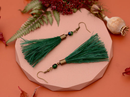 Emerald Green Ostrich Feather Tassel Long Earrings