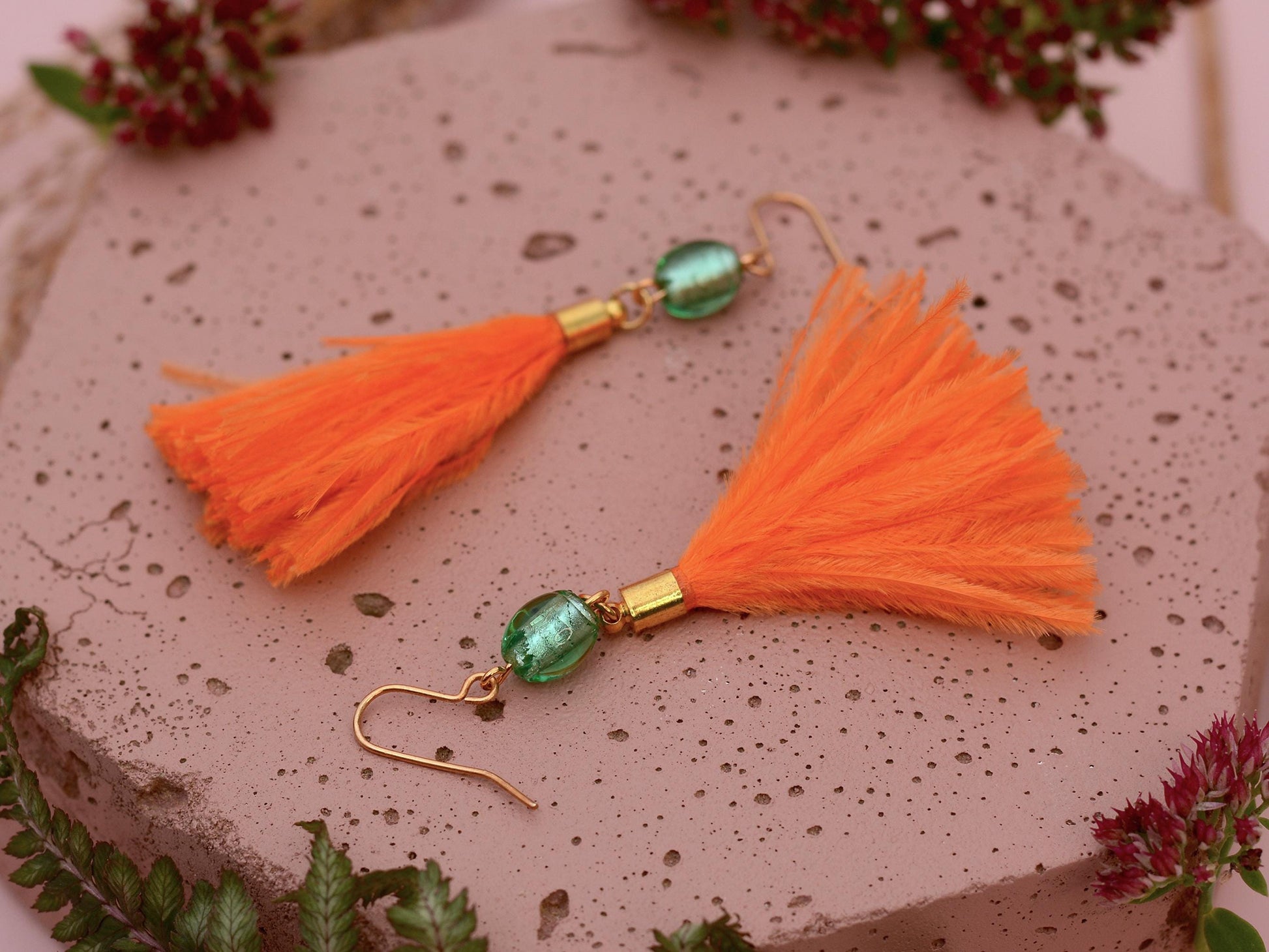 Orange and Turquoise Ostrich Feather Tassel Earrings | Festival Earrings | Feather Jewellery | Festival Jewellery | Long Earrings