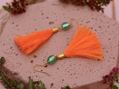 Orange and Turquoise Ostrich Feather Tassel Earrings | Festival Earrings | Feather Jewellery | Festival Jewellery | Long Earrings