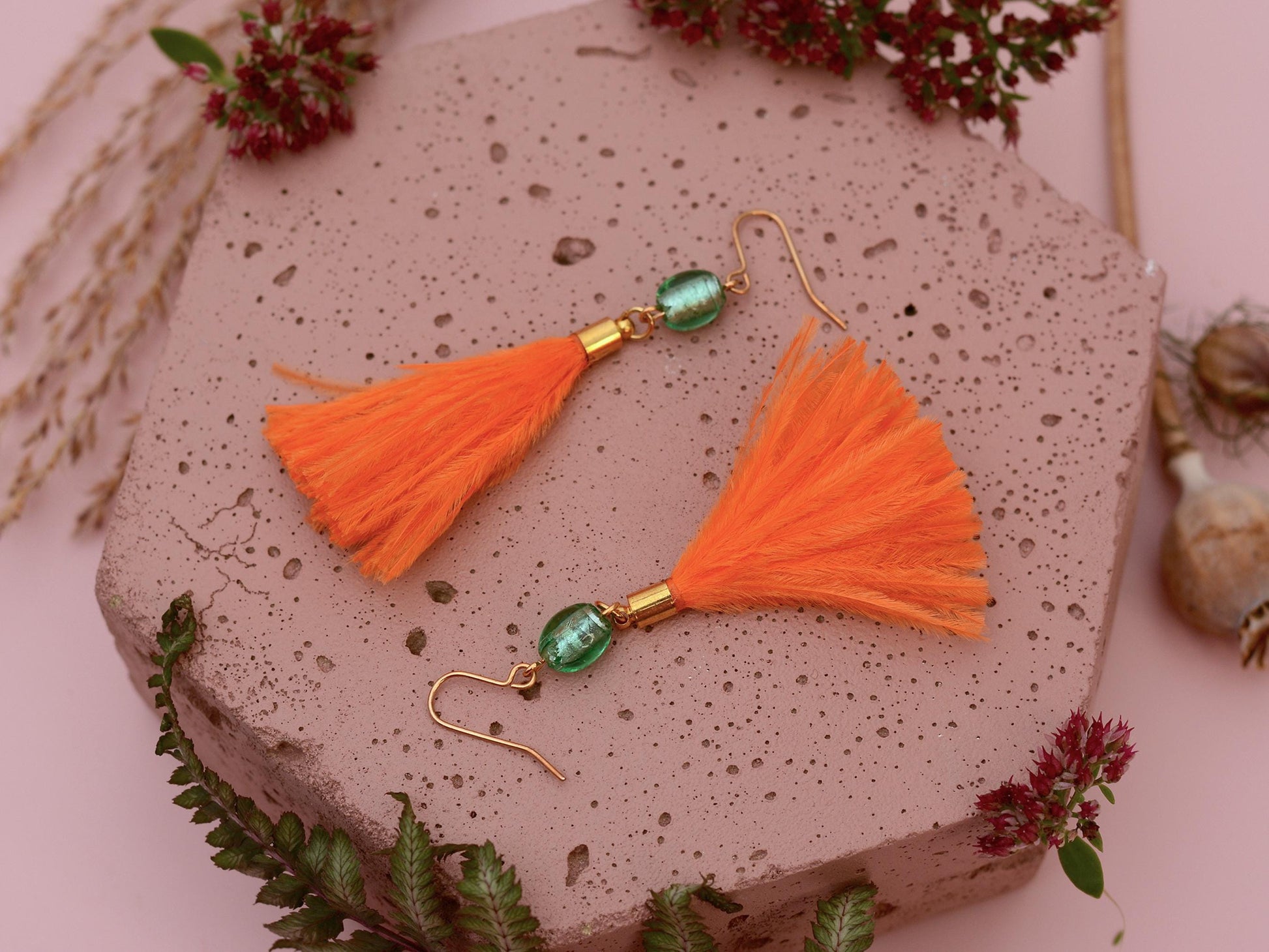 Orange and Turquoise Ostrich Feather Tassel Earrings | Festival Earrings | Feather Jewellery | Festival Jewellery | Long Earrings